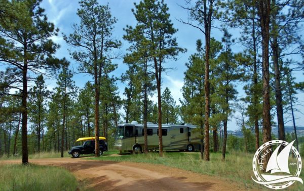 boondocking forest RV camping Montana Newmar Dutch Star