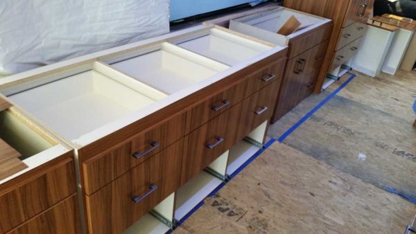 Missy MCI 102 RV cabinets panty oiled olivewood laminate veneer motorhome custom