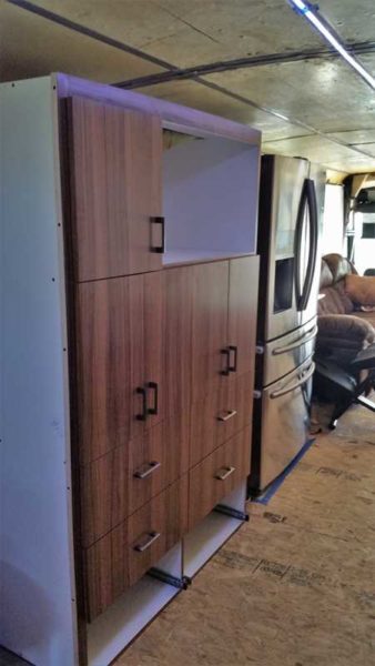 Missy MCI 102 RV cabinets panty oiled olivewood laminate veneer motorhome custom