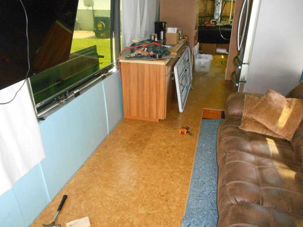 Laminate flooring cork plank Missy bus conversion floating