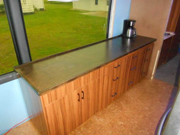 Missy bus conversion MCI 102 countertop plywood stain polyurethane