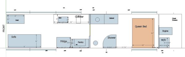 Floor Plan motorhome bus conversion MCI 102-EL3 revolution round shower