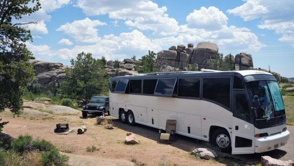 Missy MCI bus conversion heat crossing race beat Vedauwoo Campground Wyoming