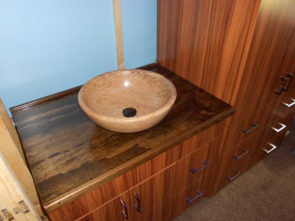 bathroom countertop bus conversion RV turkish travertine vessel sink