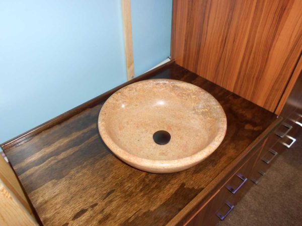 bathroom countertop stain polyurethane plywood wood bus conversion RV turkish travertine vessel sink