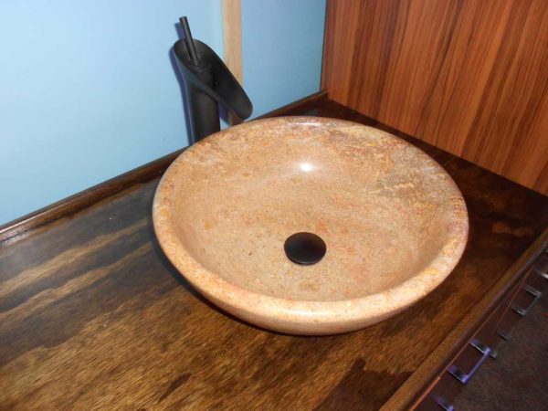 RV bus conversion vessel sink bathroom travertine stone